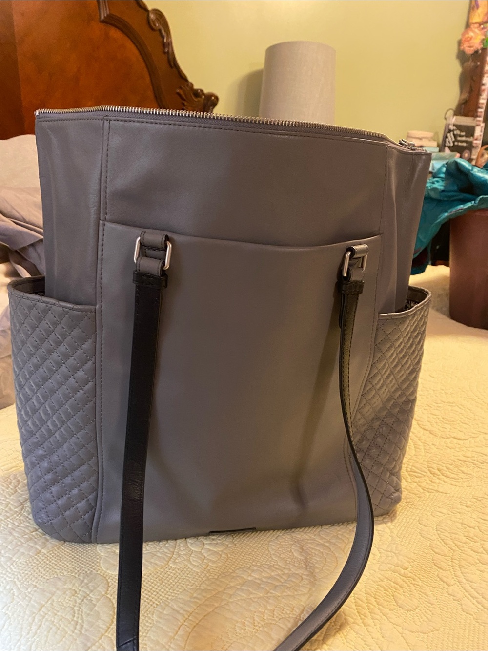 Vera Bradley Gray Quilted-Side Tote with Black Straps